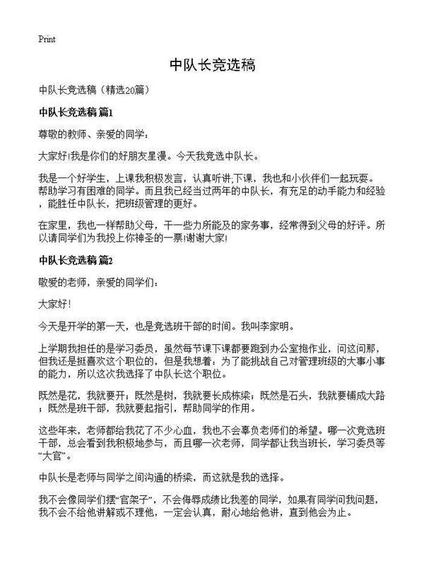 中队长竞选稿20篇