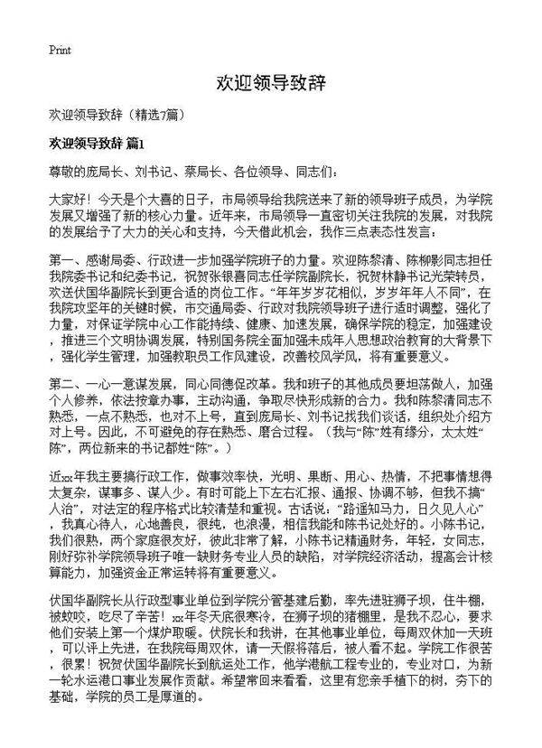 欢迎领导致辞7篇