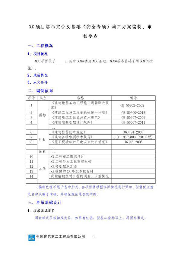XX项目塔吊定位及基础(安全专项)施工方案编制 审核要点号