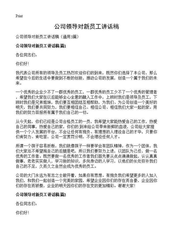 公司领导对新员工讲话稿3篇