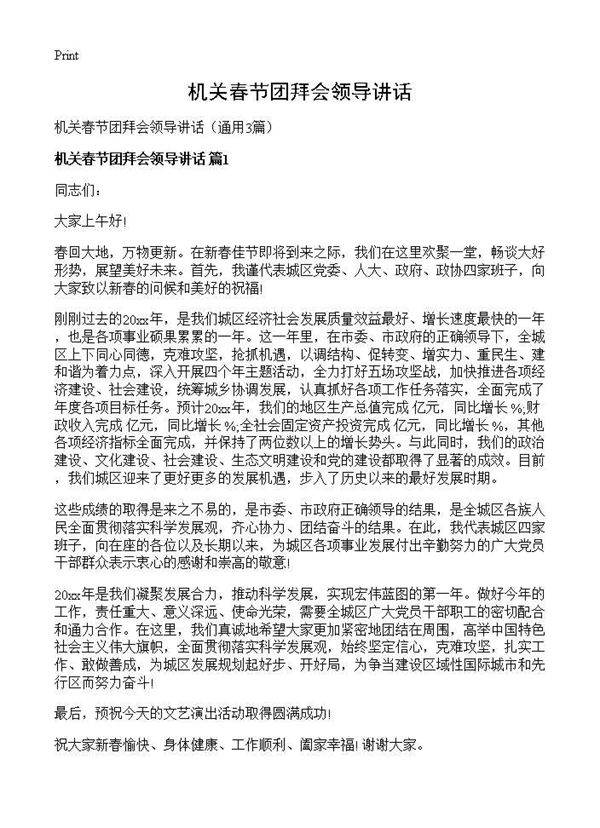 机关春节团拜会领导讲话3篇