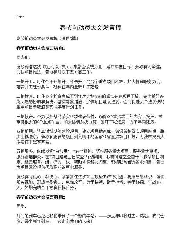 春节前动员大会发言稿3篇