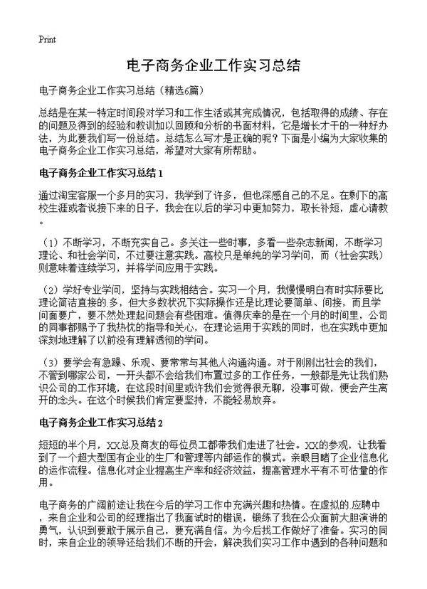 电子商务企业工作实习总结6篇