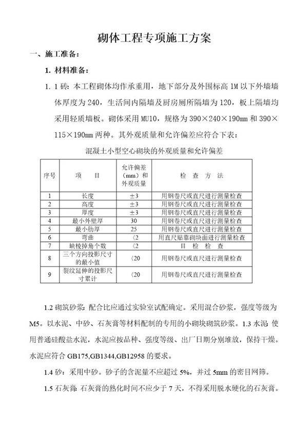 砌体工程专项施工方案