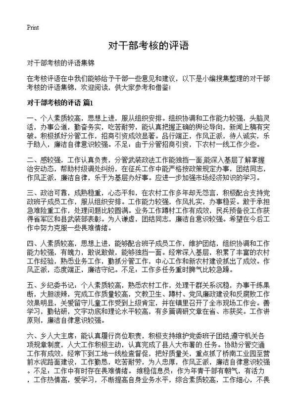 对干部考核的评语