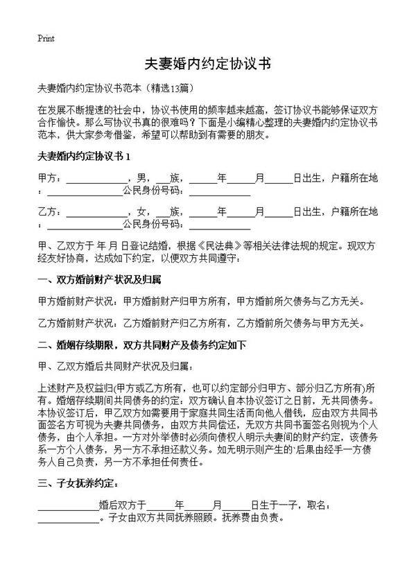 夫妻婚内约定协议书13篇