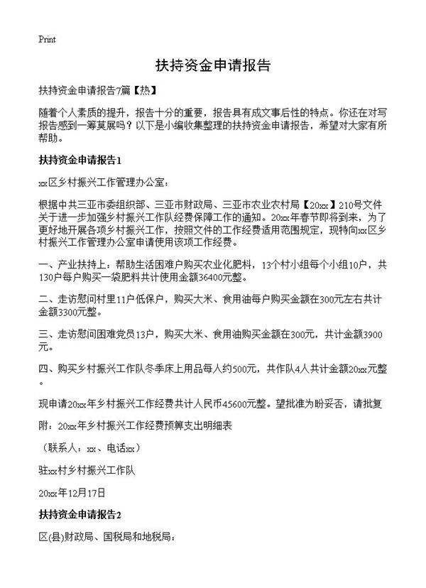 扶持资金申请报告