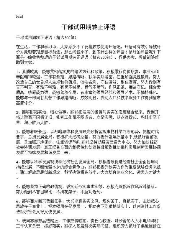 干部试用期转正评语300篇