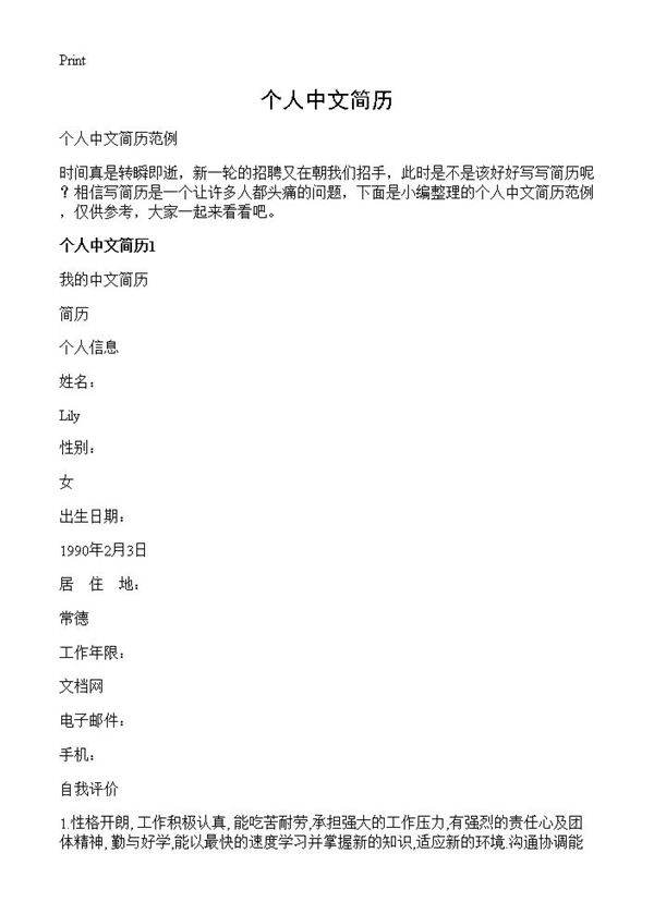 个人中文简历