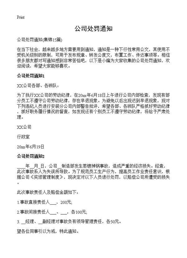 公司处罚通知15篇