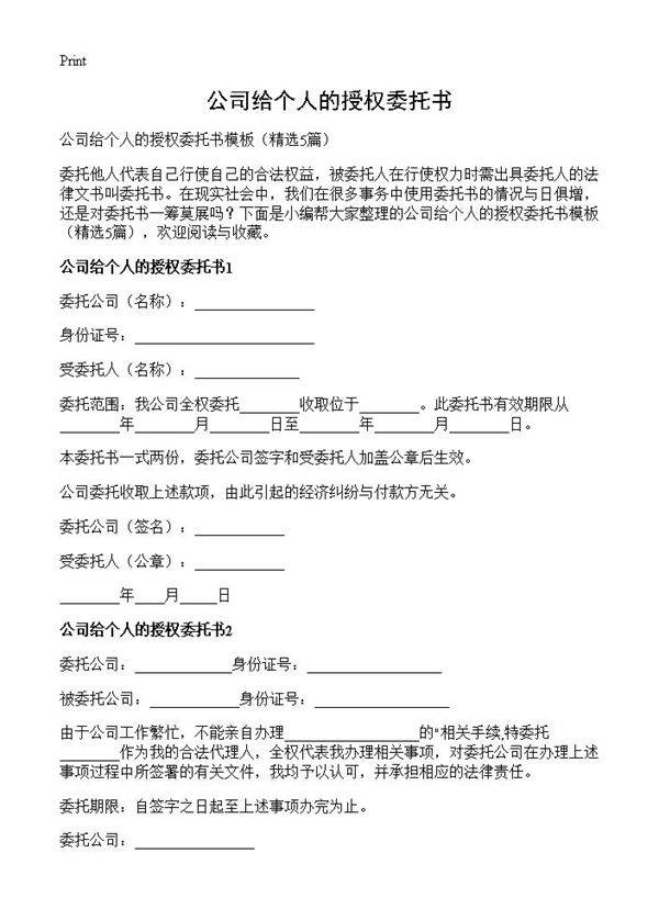 公司给个人的授权委托书5篇