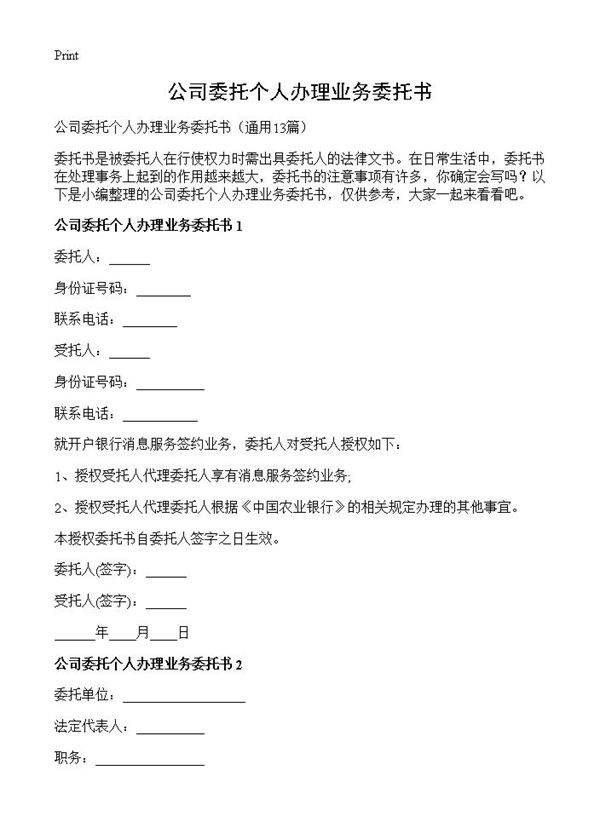 公司委托个人办理业务委托书13篇
