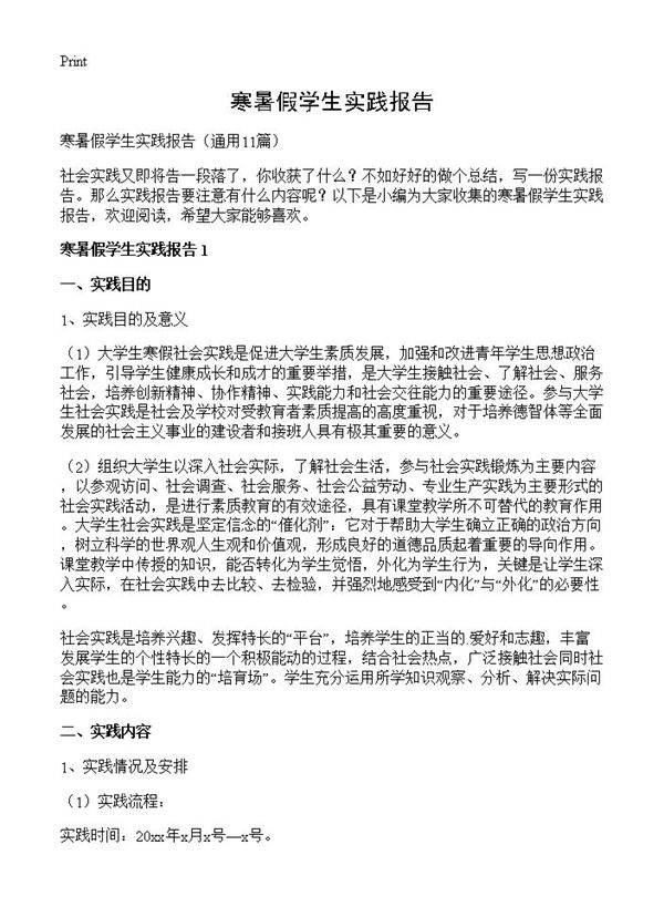 寒暑假学生实践报告11篇