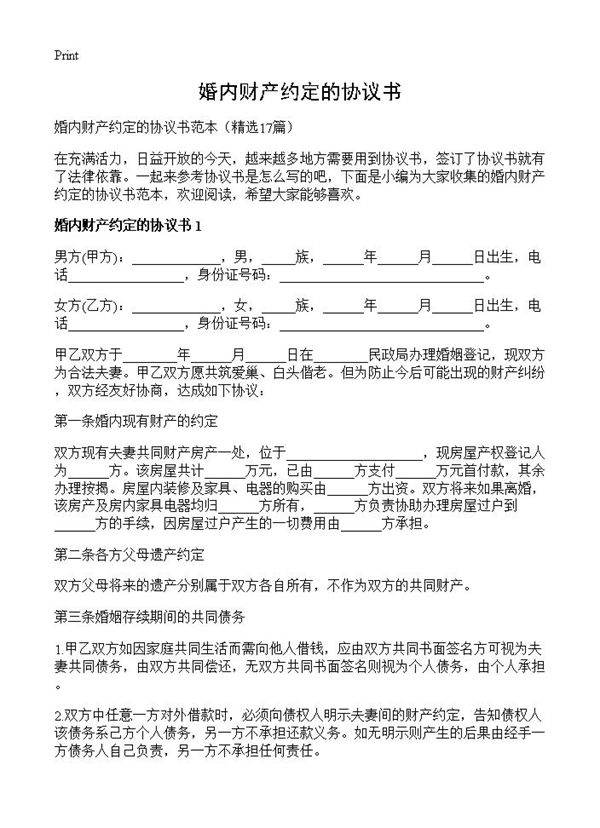 婚内财产约定的协议书17篇