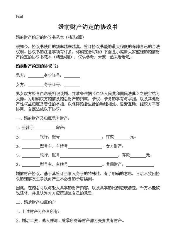 婚前财产约定的协议书6篇