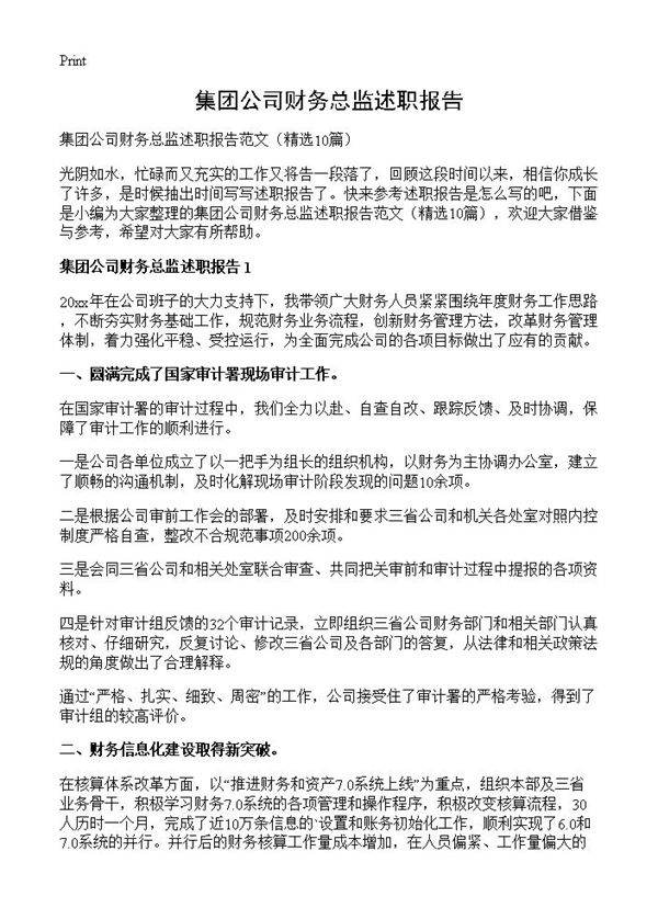 集团公司财务总监述职报告10篇