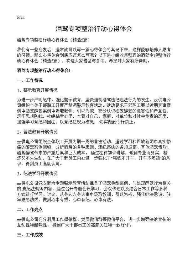 酒驾专项整治行动心得体会5篇