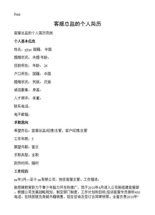 客服总监的个人简历