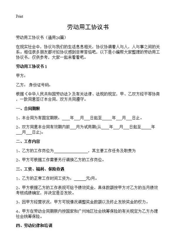 劳动用工协议书24篇