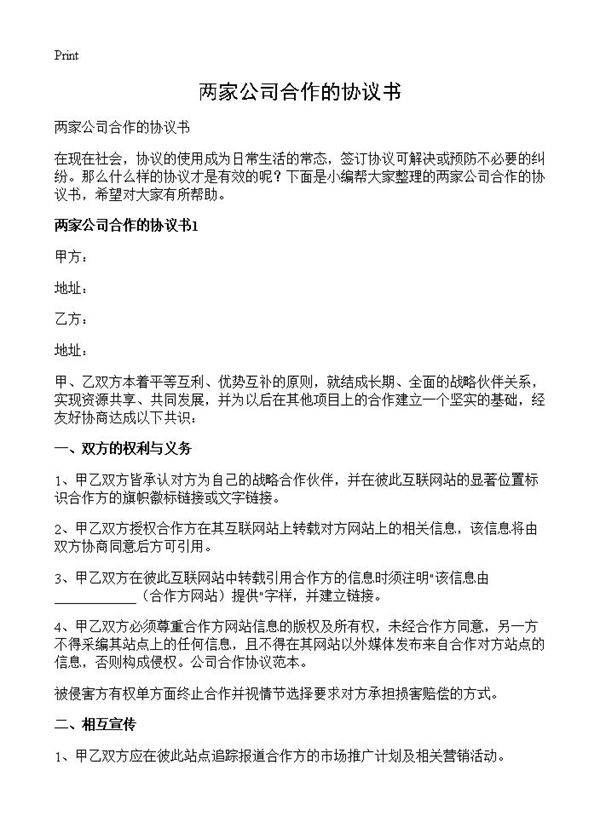 两家公司合作的协议书