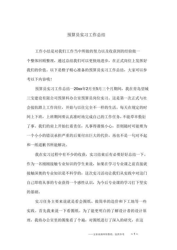 预算员实习工作总结范文