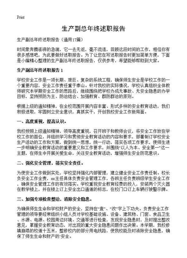 生产副总年终述职报告17篇