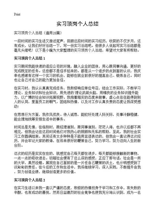 实习顶岗个人总结28篇