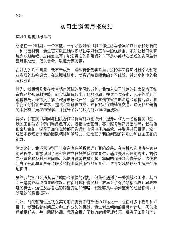 实习生销售月报总结