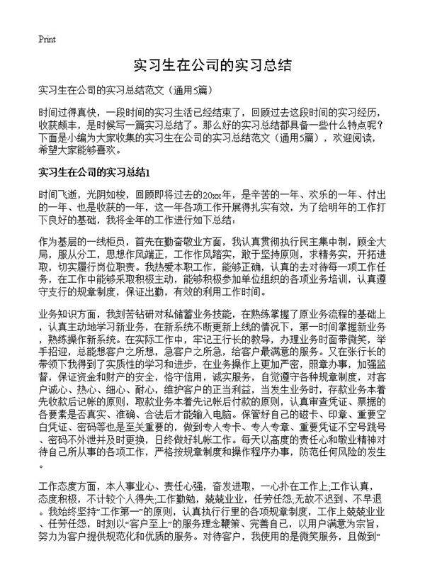 实习生在公司的实习总结5篇