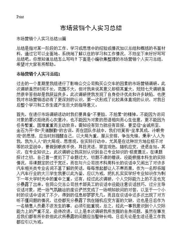 市场营销个人实习总结
