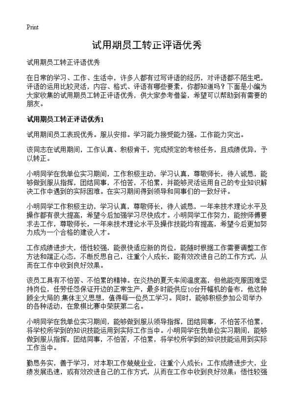 试用期员工转正评语优秀