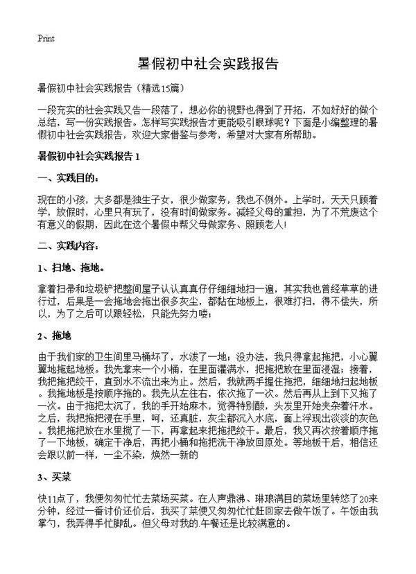 暑假初中社会实践报告15篇