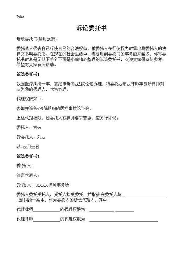 诉讼委托书20篇