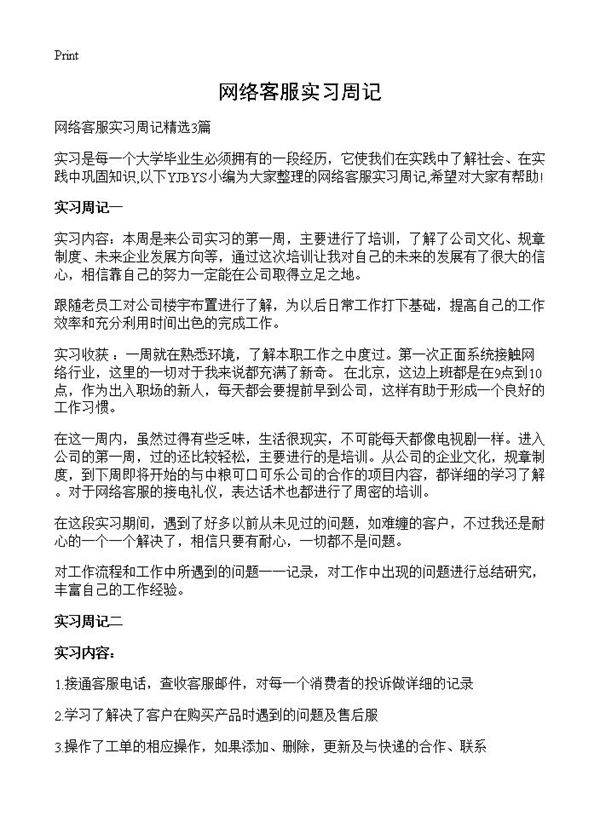 网络客服实习周记