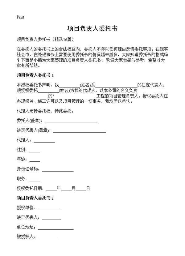 项目负责人委托书16篇