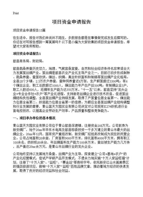 项目资金申请报告