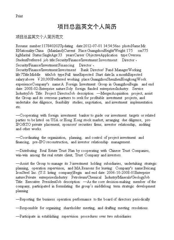 项目总监英文个人简历