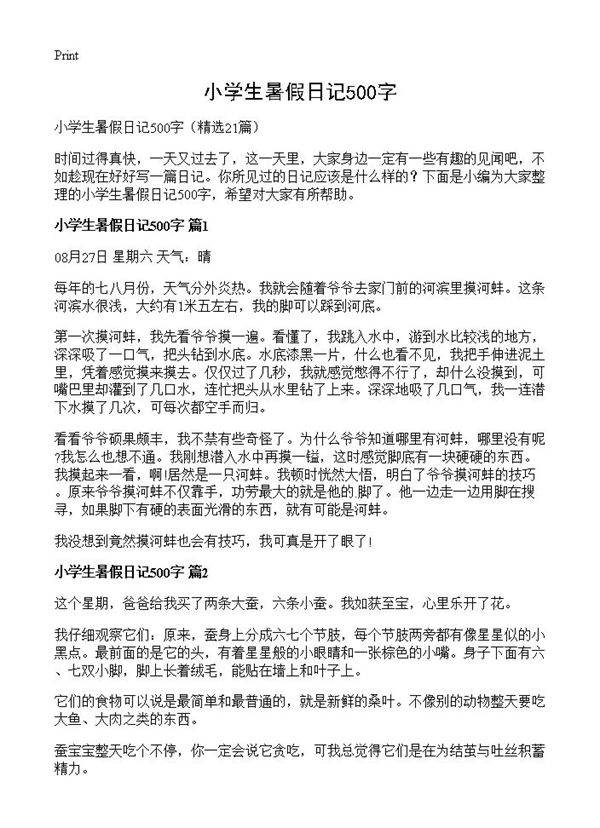 小学生暑假日记500字21篇