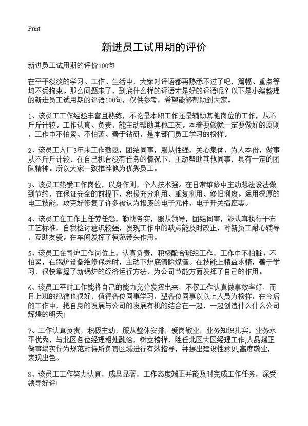 新进员工试用期的评价