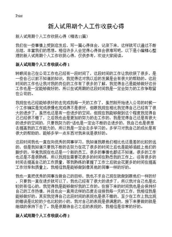 新人试用期个人工作收获心得11篇