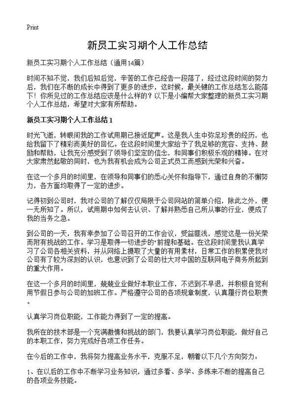 新员工实习期个人工作总结14篇