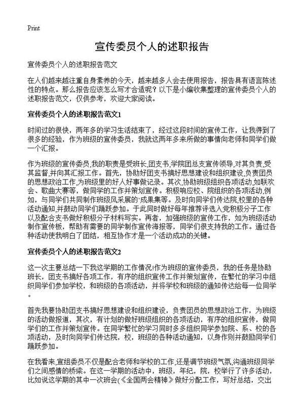 宣传委员个人的述职报告