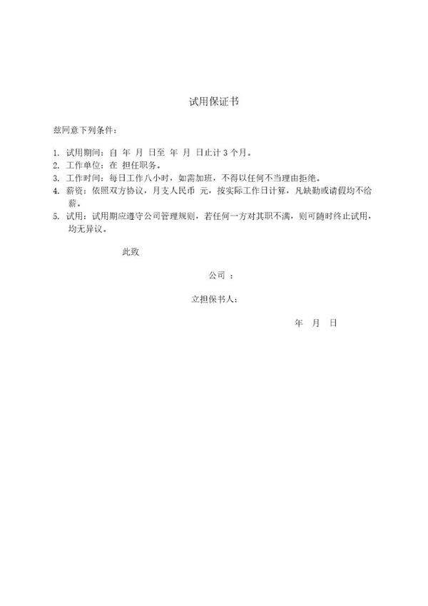 试用保证书