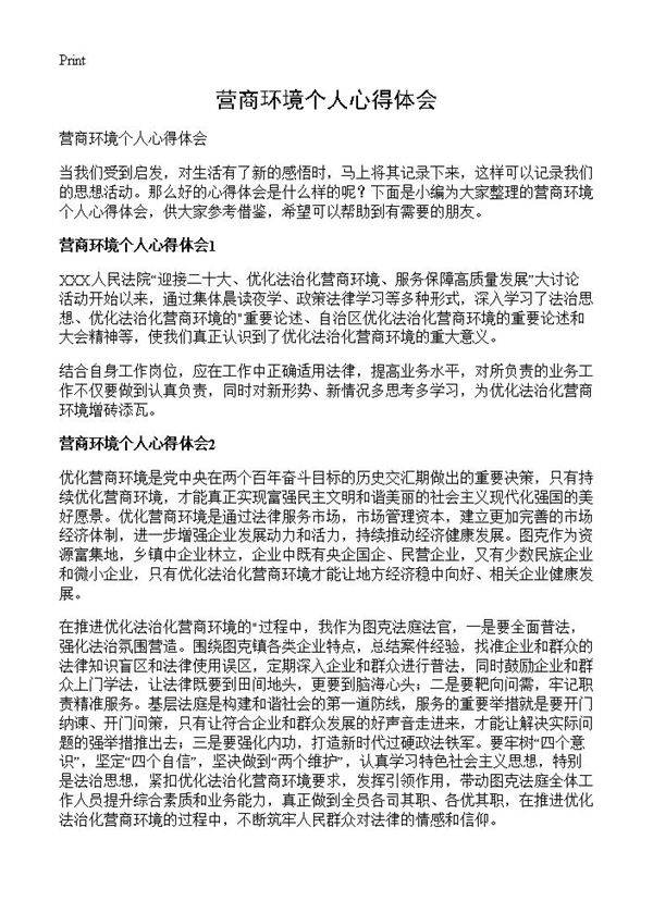 营商环境个人心得体会