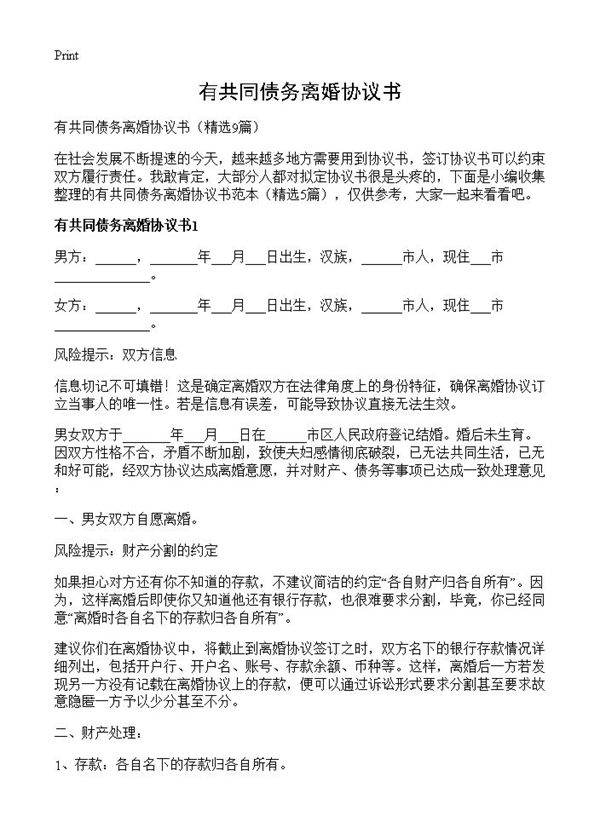 有共同债务离婚协议书9篇