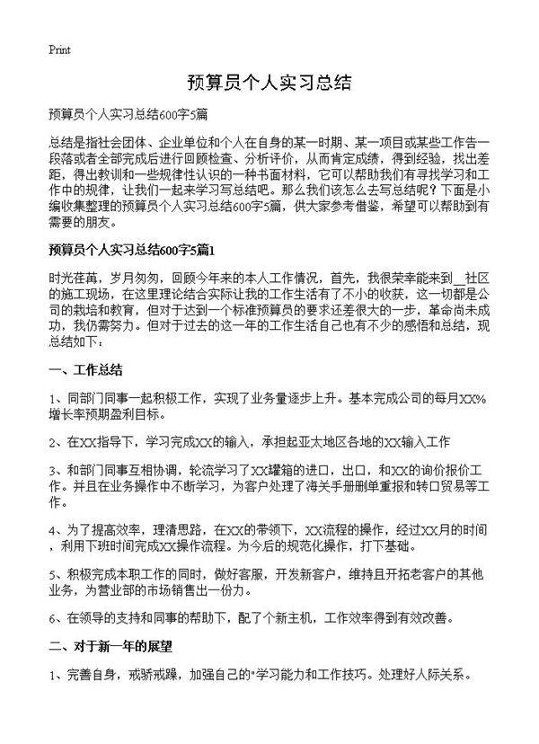 预算员个人实习总结