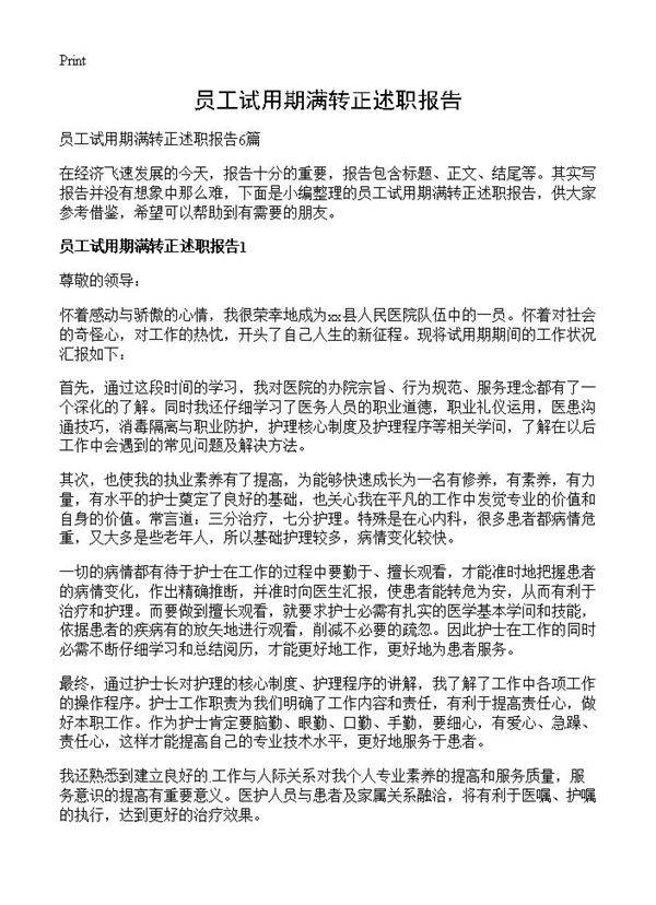 员工试用期满转正述职报告