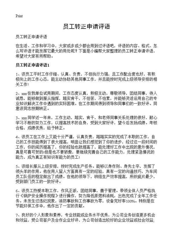 员工转正申请评语