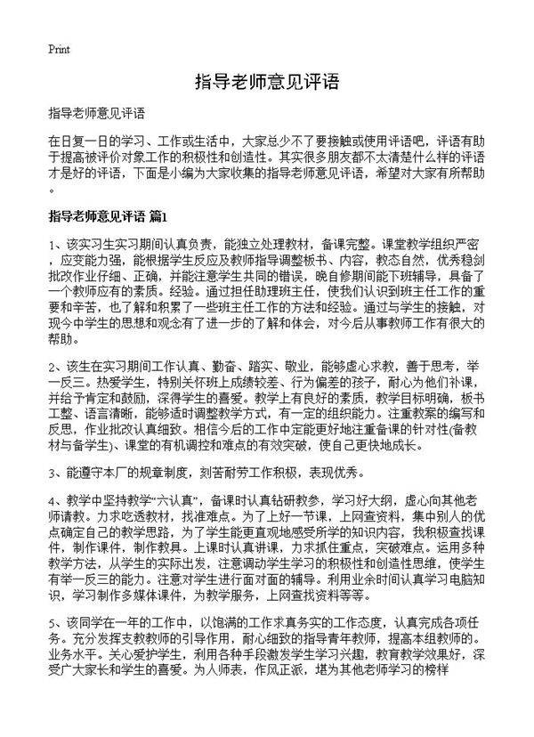 指导老师意见评语