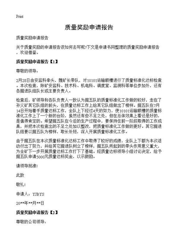 质量奖励申请报告
